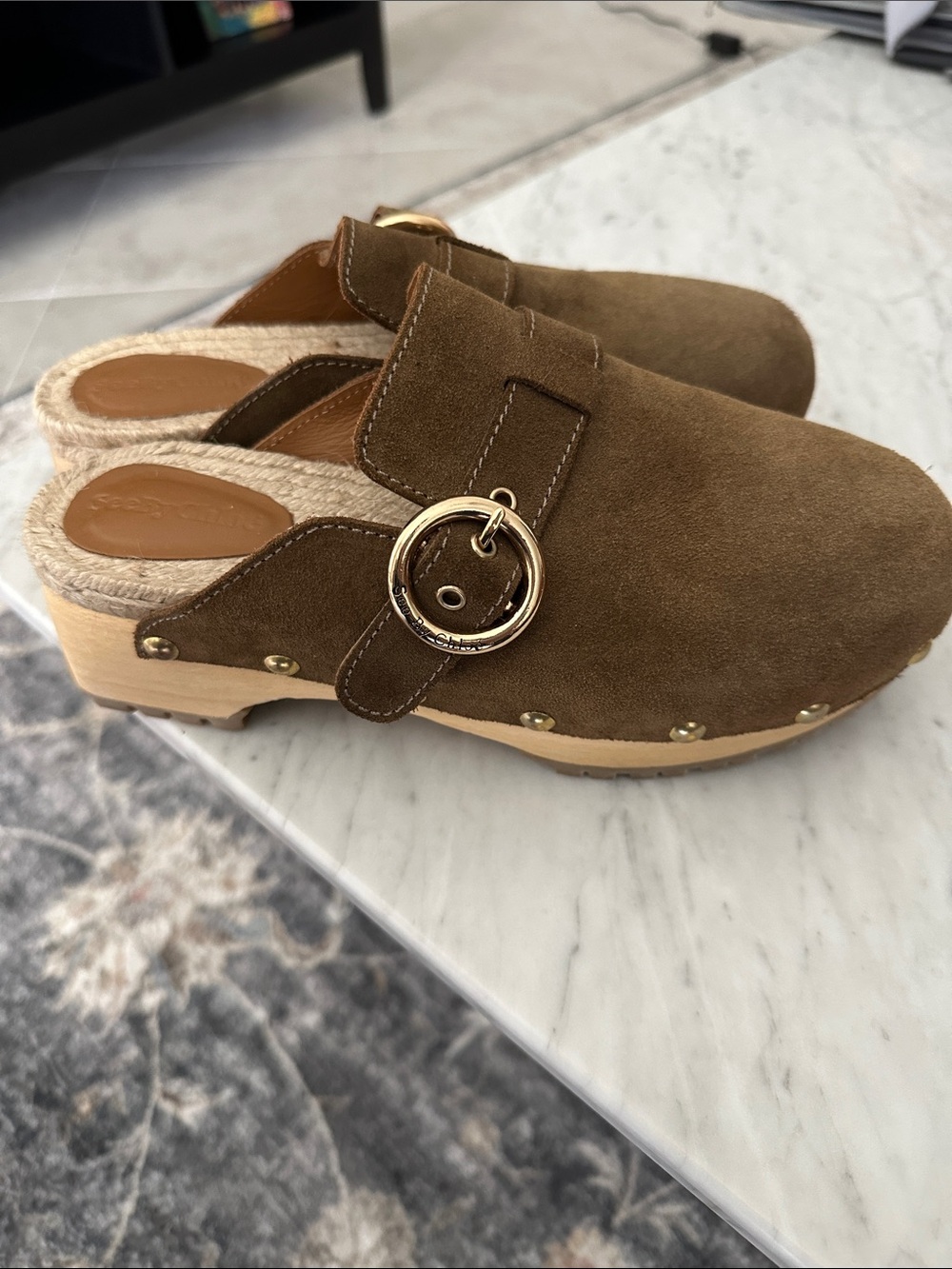 See By Chloé Brown Suede Buckle Clog Mules Size 38